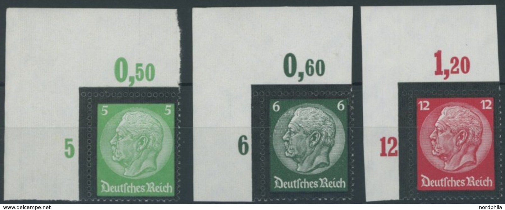 Dt. Reich 549/50,552POR **, 1934, 5, 6 Und 12 Pf. Hindenburg-Trauer, Plattendruck, Je Aus Der Linken Oberen Bogenecke, P - Autres & Non Classés