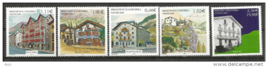 Hotels Célèbres En Andorre (Patrimoine Historique Andorran): Valira,Calones,Rosaleda,Mirador,Pla. 5 Timbres Neufs ** - Hotel- & Gaststättengewerbe