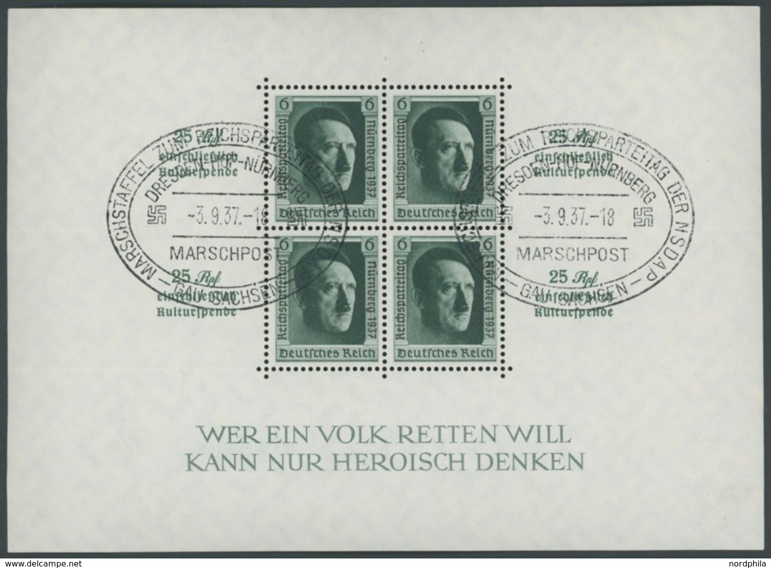 Dt. Reich Bl. 11 O, 1937, Block Reichsparteitag, Ersttags-Sonderstempel MARSCHPOST, Pracht - Otros & Sin Clasificación