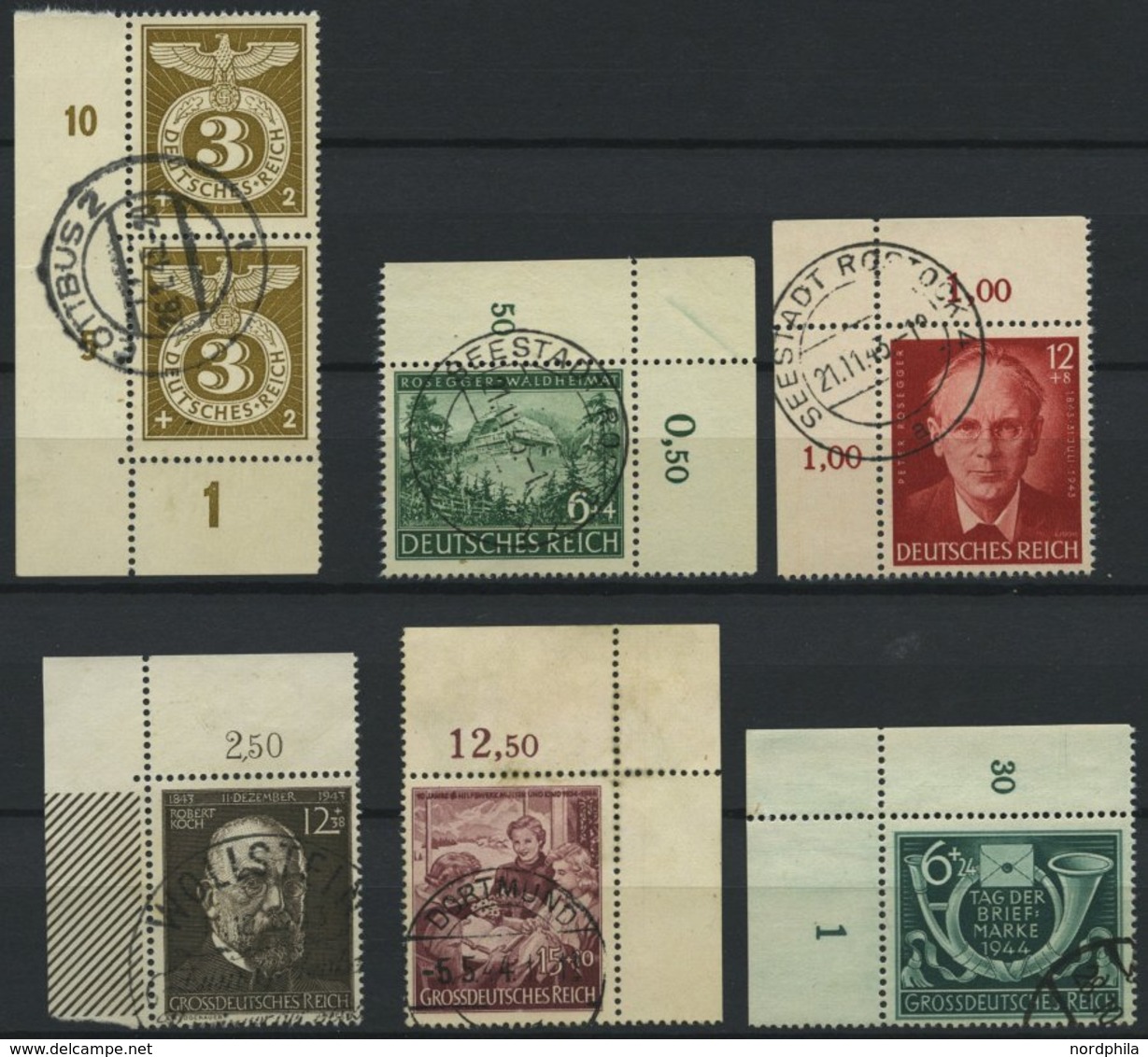 Dt. Reich O , 1943/4, 6 Bogenecken: Mi.Nr. 830, 855/6, 864, 872, 904, Pracht - Other & Unclassified