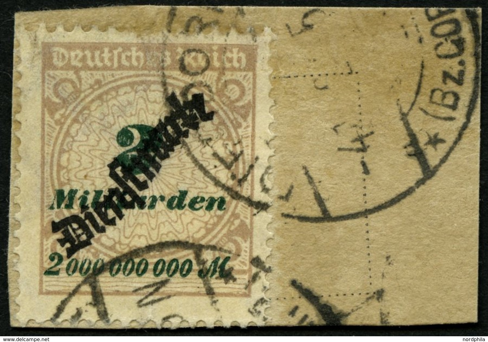 DIENSTMARKEN D 84 BrfStk, 1923, 2 Mrd. M. Mattsiena/schwarzgrün Auf Briefstück, Feinst, Gepr. Peschl, Mi. 150.- - Oficial