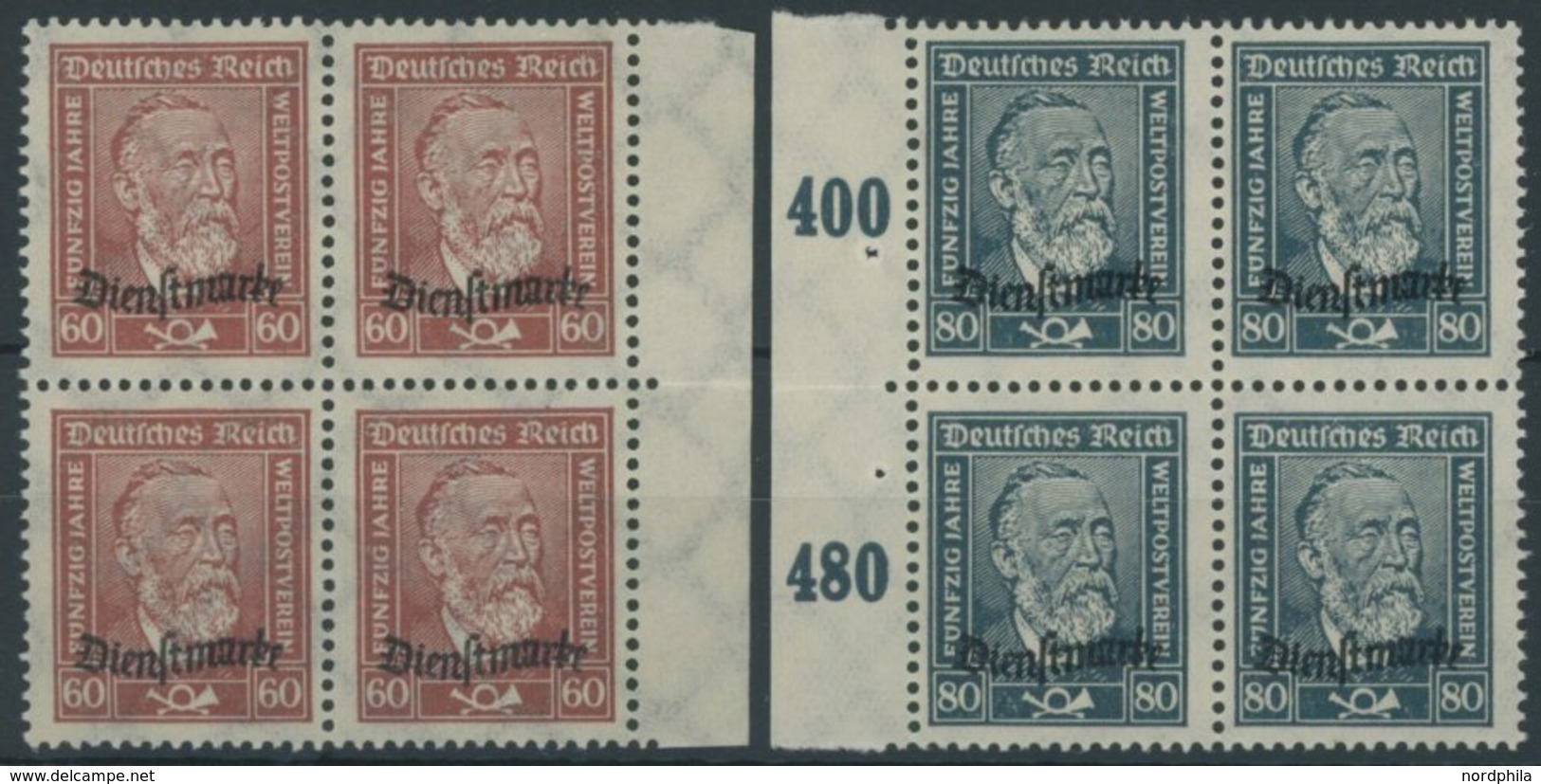 DIENSTMARKEN D 112/3 VB **, 1924, 60 Pf. Lebhaftbraunrot Und 80 Pf. Schwarzgrünblau In Randviererblocks, Postfrisch, Pra - Oficial