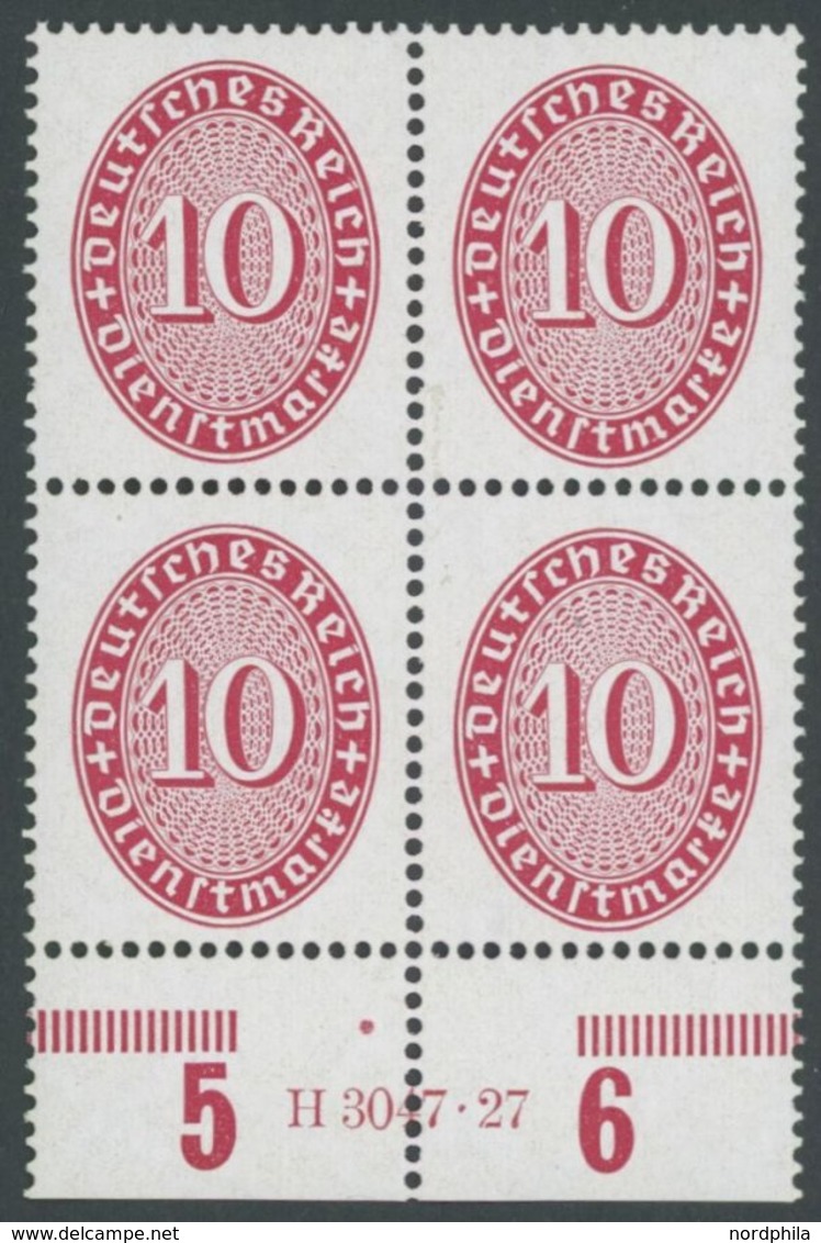 DIENSTMARKEN D 117HAN VB **, 1927, 10 Pf. Karmin Im Unterrandviererblock Mit HAN H 3047.27, Postfrisch, Pracht, Mi. 270. - Dienstzegels