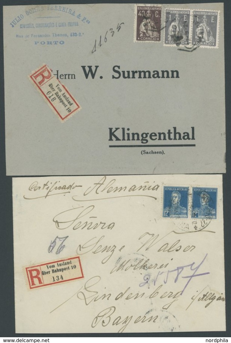 SLG. ALLE WELT 1924/5, 2 Einschreibbriefe Von Portugal Und Argentinien Mit Nummerierten Einschreibzetteln Vom Ausland üb - Used Stamps