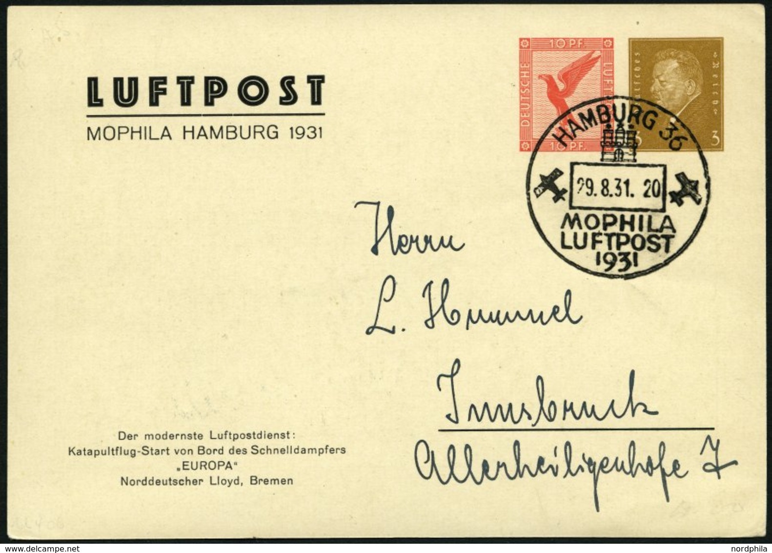 GANZSACHEN PP 93C1 01 BRIEF, Privatpost: 1931, 10 Pf. Neben 3 Pf. Hamburg Mophila, Katapultflug-Start Von Bord Des Schne - Autres & Non Classés