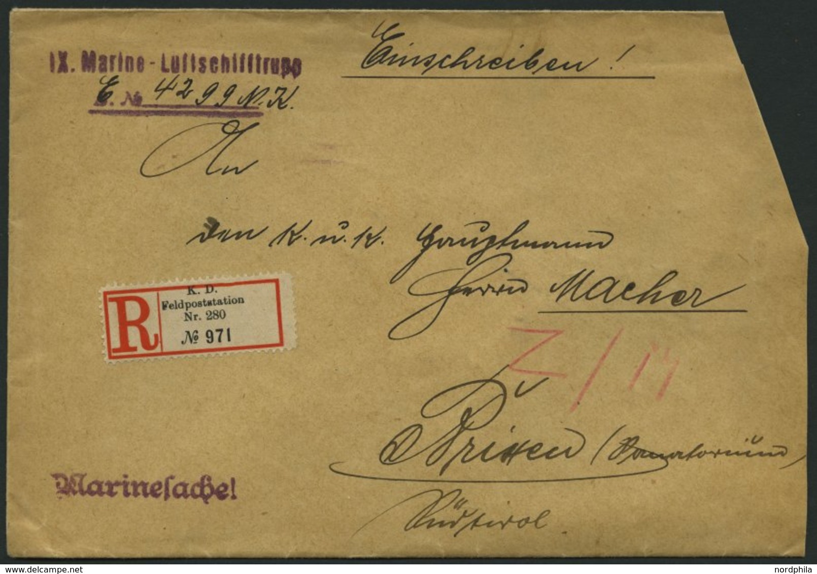 ZEPPELINPOST - MILITÄRLUFTSCHIFFAHRT IX. MARINE-LUFTSCHIFFTRUPP, L2 Auf Marinesache Mit R-Zettel K.D. Feldpoststation Nr - Airmail & Zeppelin