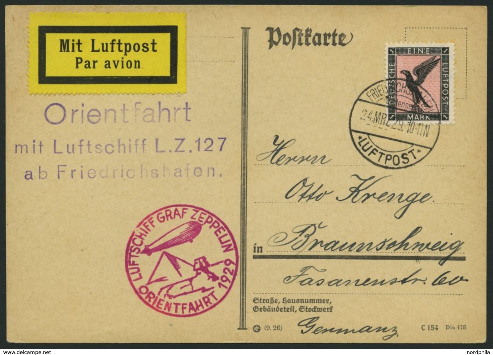 ZEPPELINPOST 23IA BRIEF, 1929, Orientfahrt, Auflieferung Fr`hafen, Frankiert Mit Einzelfrankatur Mi.Nr. 382, Prachtkarte - Zeppelines