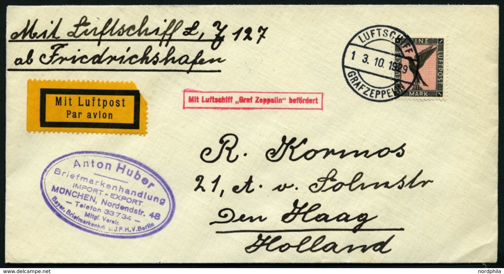 ZEPPELINPOST 41B BRIEF, 1929, Hollandfahrt, Abwurf Amsterdam, Bordpost, Prachtbrief - Zeppelins