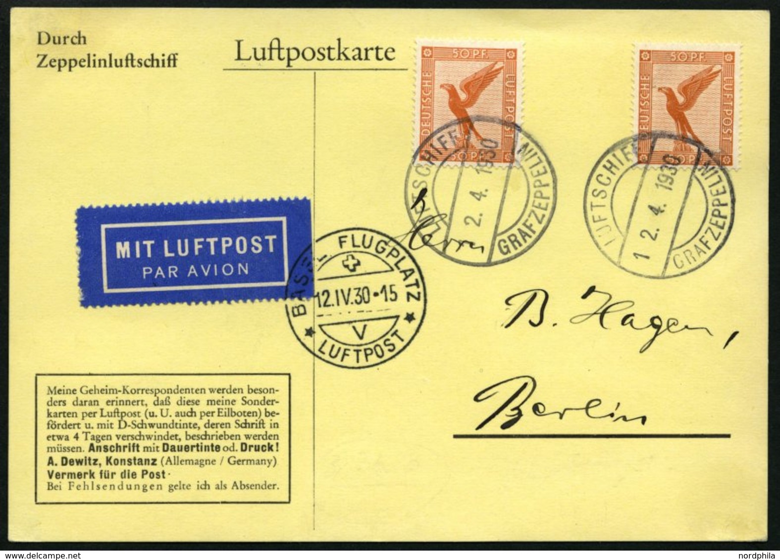 ZEPPELINPOST 51C BRIEF, 1930, Schweizfahrt, Abwurf Basel, Bordpost, Mit Mehrfachfrankatur Mi.Nr. 381, Prachtkarte - Zeppelines