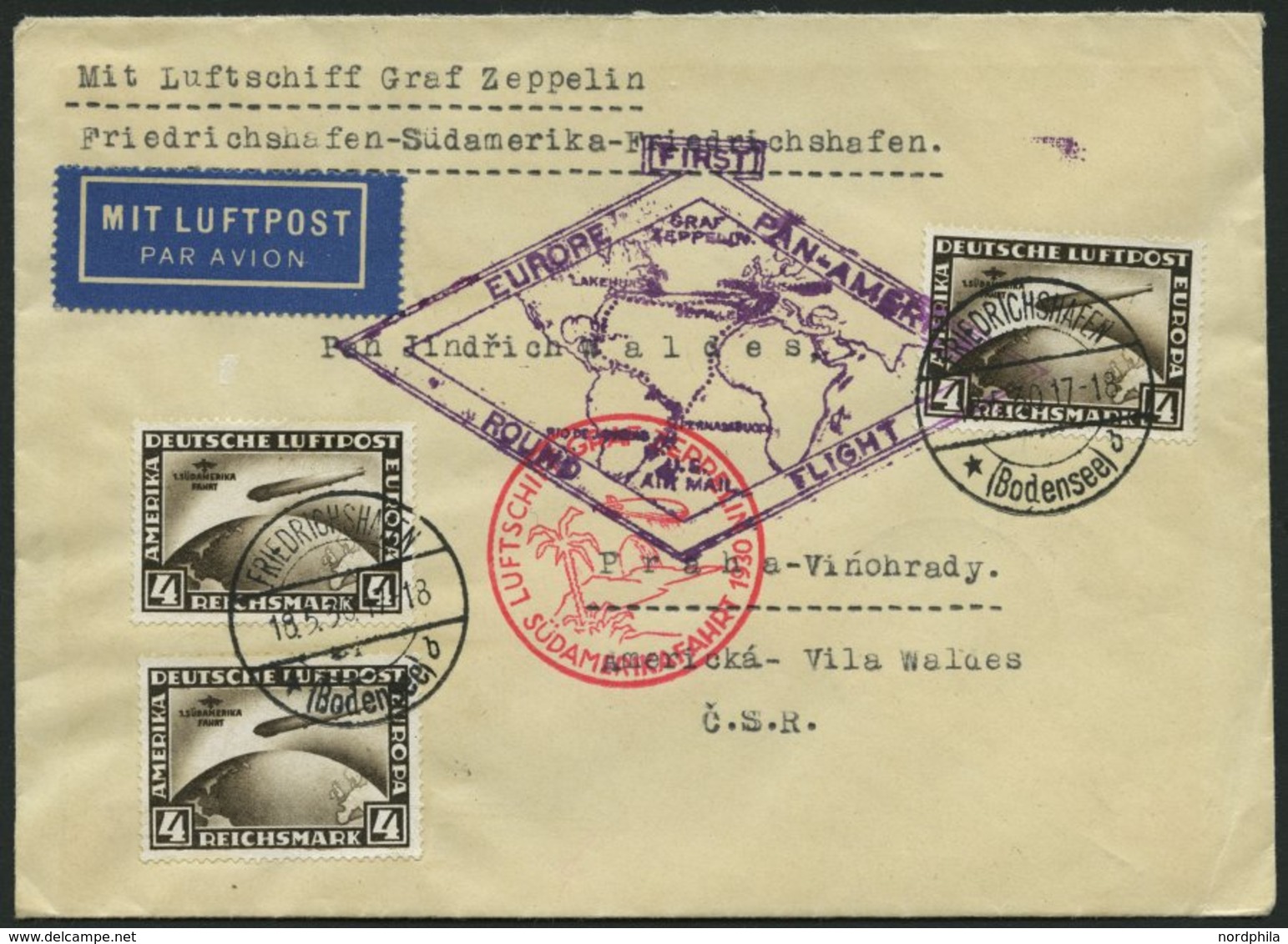 ZEPPELINPOST 57P BRIEF, 1930, Südamerikafahrt, Tagesstempel Fr`hafen, Rundfahrt Fr`hafen-Fr`hafen, Frankiert Mit 3x 4 RM - Zeppelin