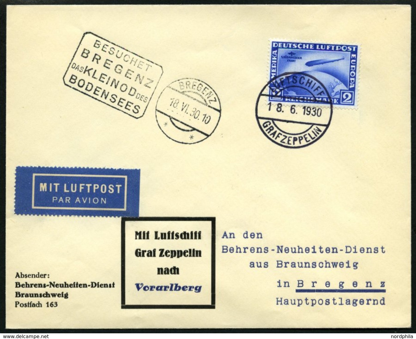 ZEPPELINPOST 67 BRIEF, 1930, Vorarlbergfahrt, Nach Bregenz, Frankiert Mit 2 RM Südamerikafahrt, Prachtbrief - Zeppelin