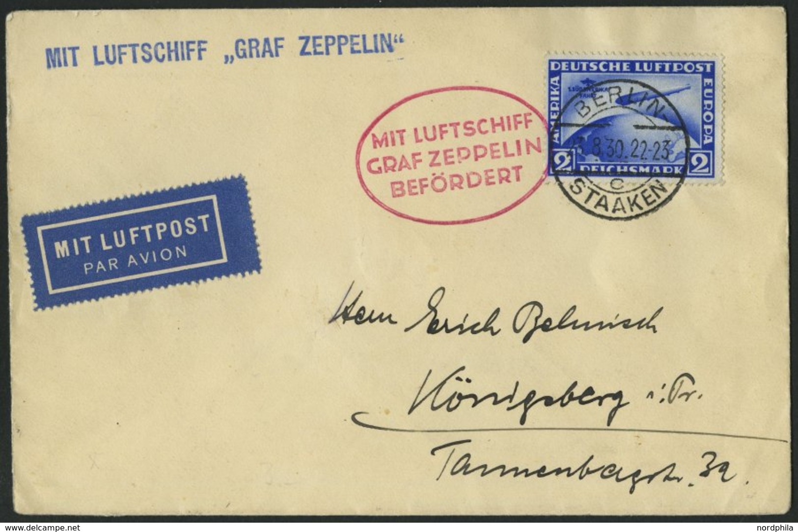 ZEPPELINPOST 80Bb BRIEF, 1930, Ostpreußenfahrt, Auflieferung Berlin, Frankiert Mit 2 RM Südamerikafahrt, Prachtbrief - Zeppelines