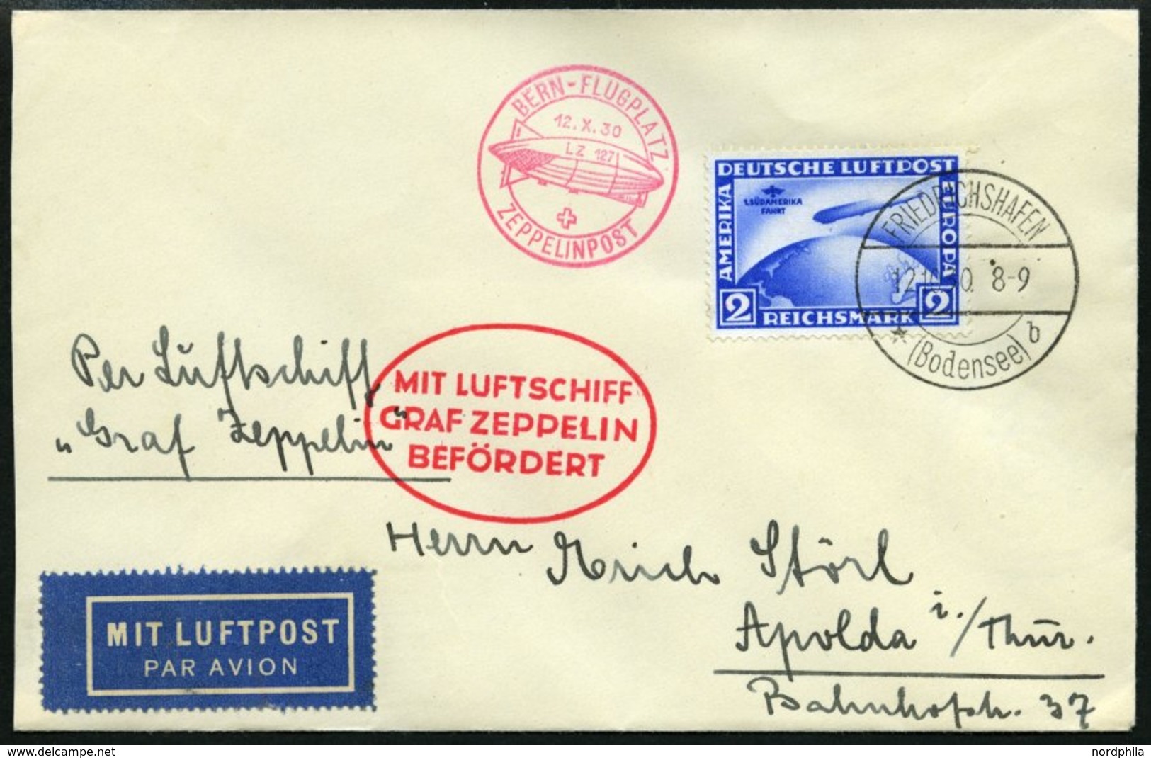 ZEPPELINPOST 93Aa BRIEF, 1930, Landungsfahrt Nach Bern, Auflieferung Fr`hafen, Frankiert Mit 2 RM Südamerikafahrt, Prach - Zeppelines