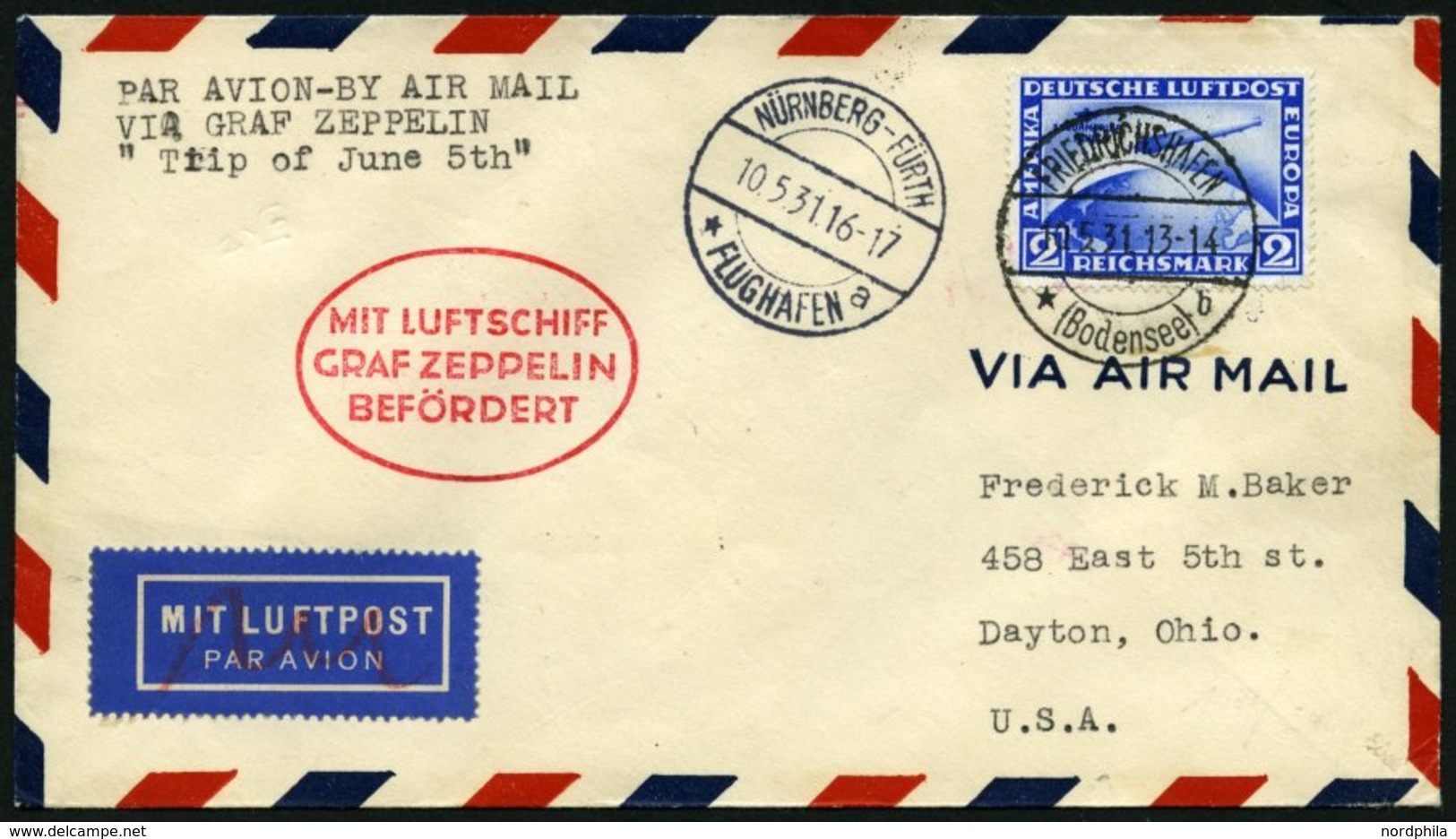 ZEPPELINPOST 107Ba BRIEF, 1931, Fahrt Nach Nürnberg, Auflieferung Fr`hafen, Frankiert Mit 2 RM Südamerikafahrt, Prachtbr - Zeppelin