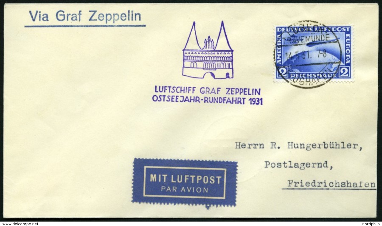 ZEPPELINPOST 108Bg BRIEF, 1931, Ostseejahr-Rundfahrt, Lübeck-Fr`hafen, Frankiert Mit 2 RM Südamerikafahrt, Prachtbrief - Zeppelin