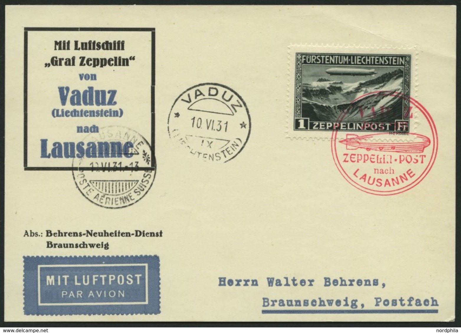 ZEPPELINPOST 110A BRIEF, 1931, Fahrt Nach Vaduz, Frankiert Mit Sondermarke 1 Fr., Karte Kleine Knitter, Marke Pracht - Zeppelins