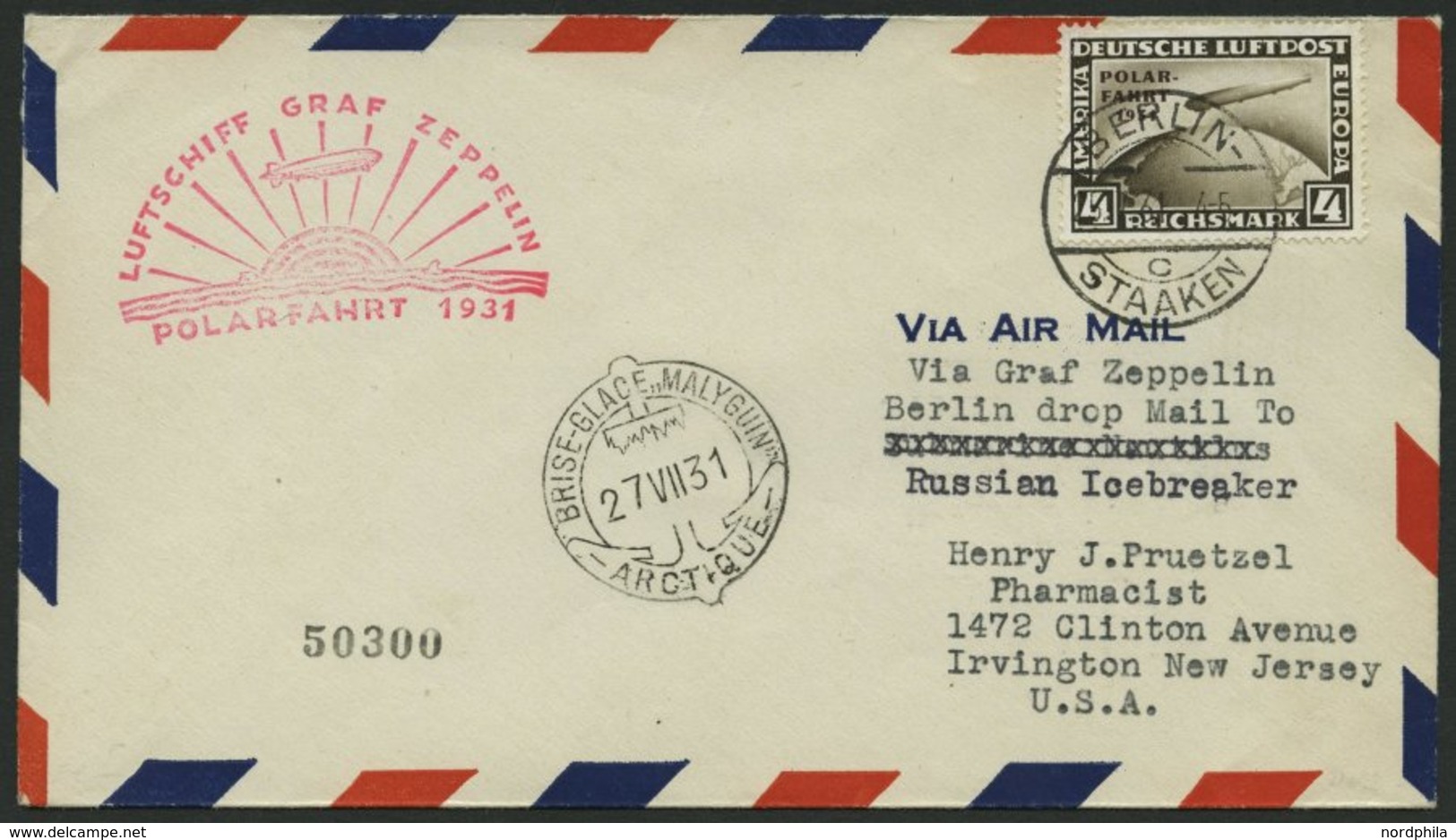 ZEPPELINPOST 119H BRIEF, 1931, Polarfahrt, Auflieferung Berlin, Bis Malygin, Frankiert Mit 4 RM (winziger Eckbug), Prach - Zeppelins