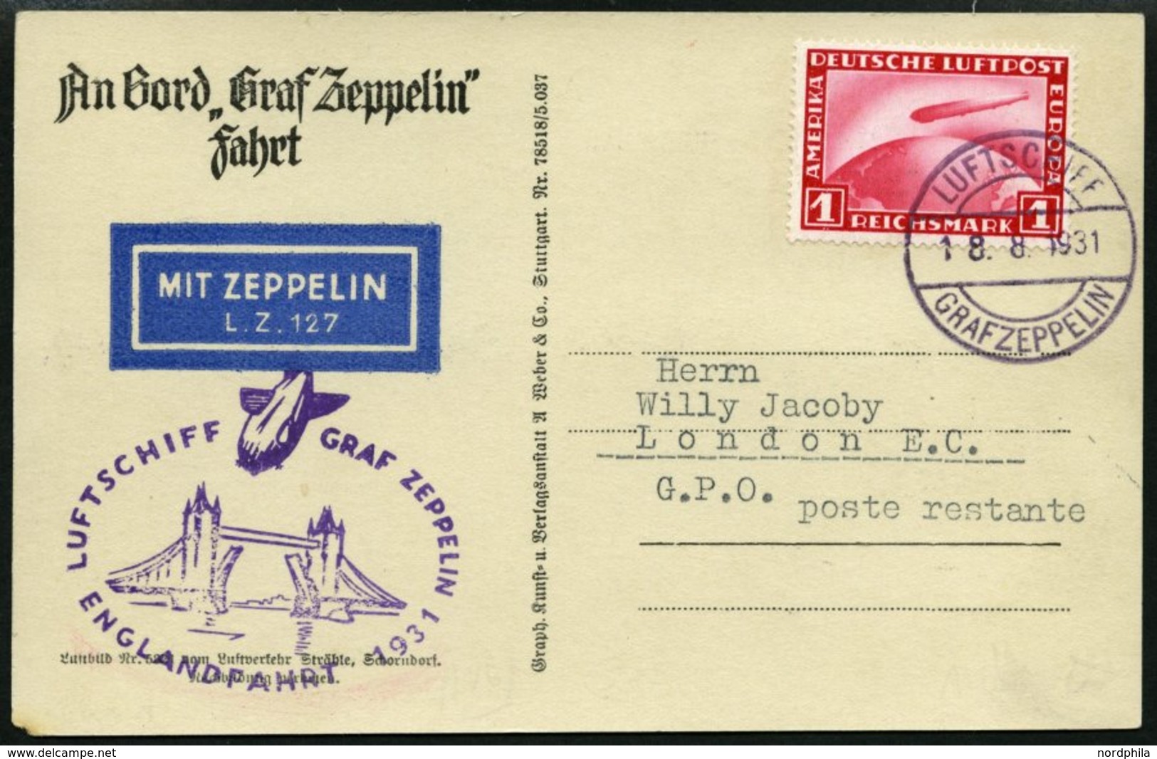 ZEPPELINPOST 122Ab BRIEF, 1931, Englandfahrt, Bordpost, Frankiert Mit 1 RM, Prachtkarte - Zeppelines