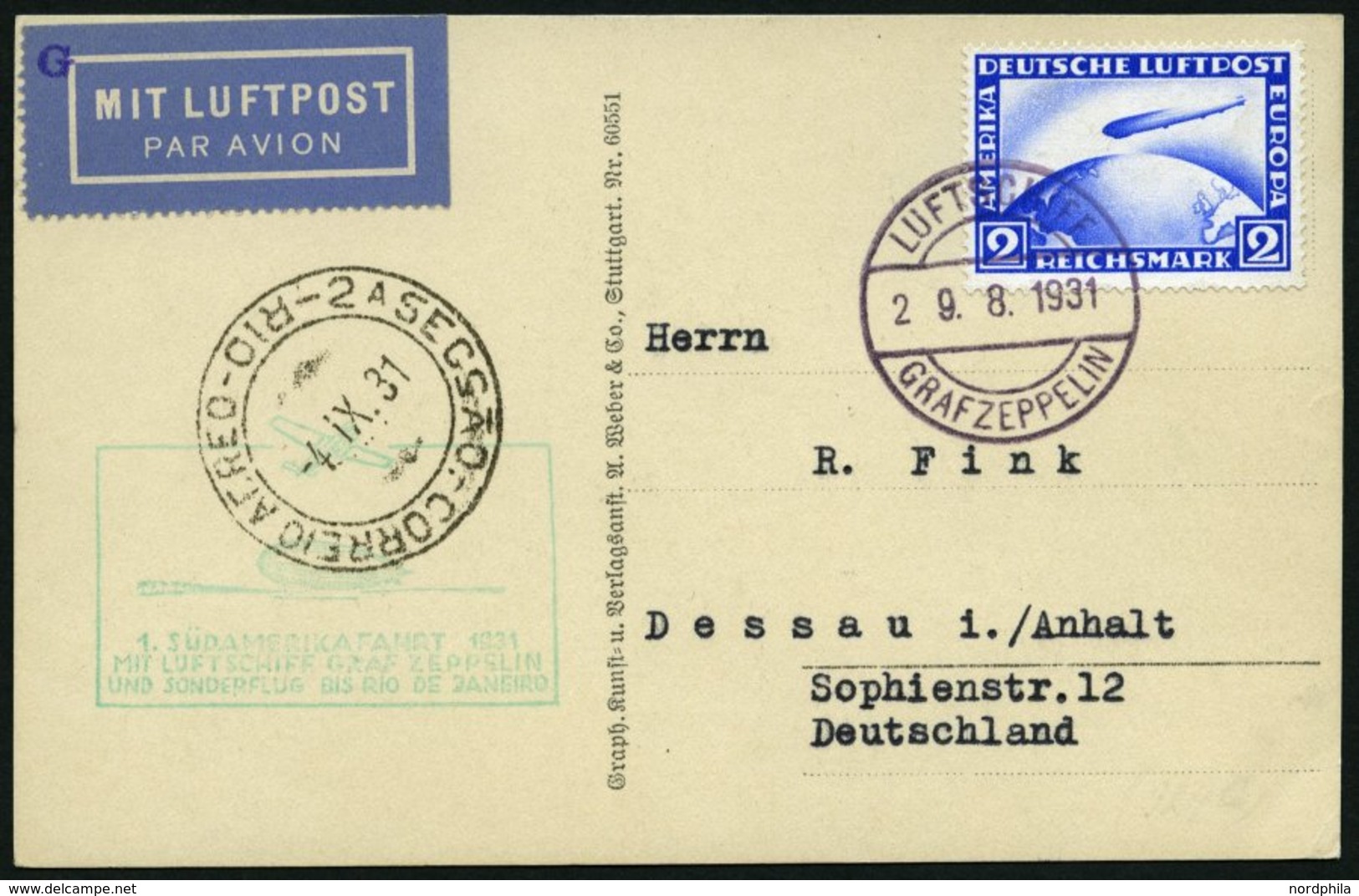 ZEPPELINPOST 124Cb BRIEF, 1931, 1. Südamerikafahrt, Bis Rio De Janeiro, Bordpost, Prachtkarte - Zeppelines