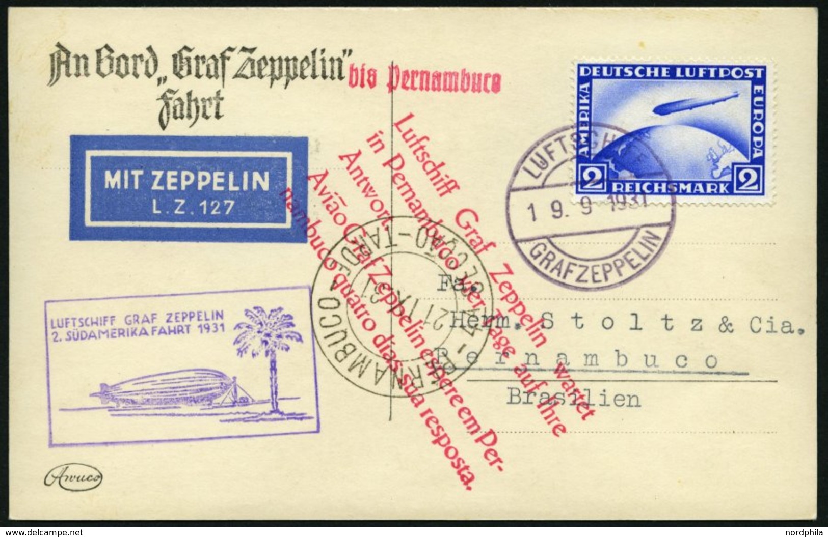 ZEPPELINPOST 129Bb BRIEF, 1931, 2. Südamerikafahrt, Bordpost Bis Brasilien, Prachtkarte - Zeppelin