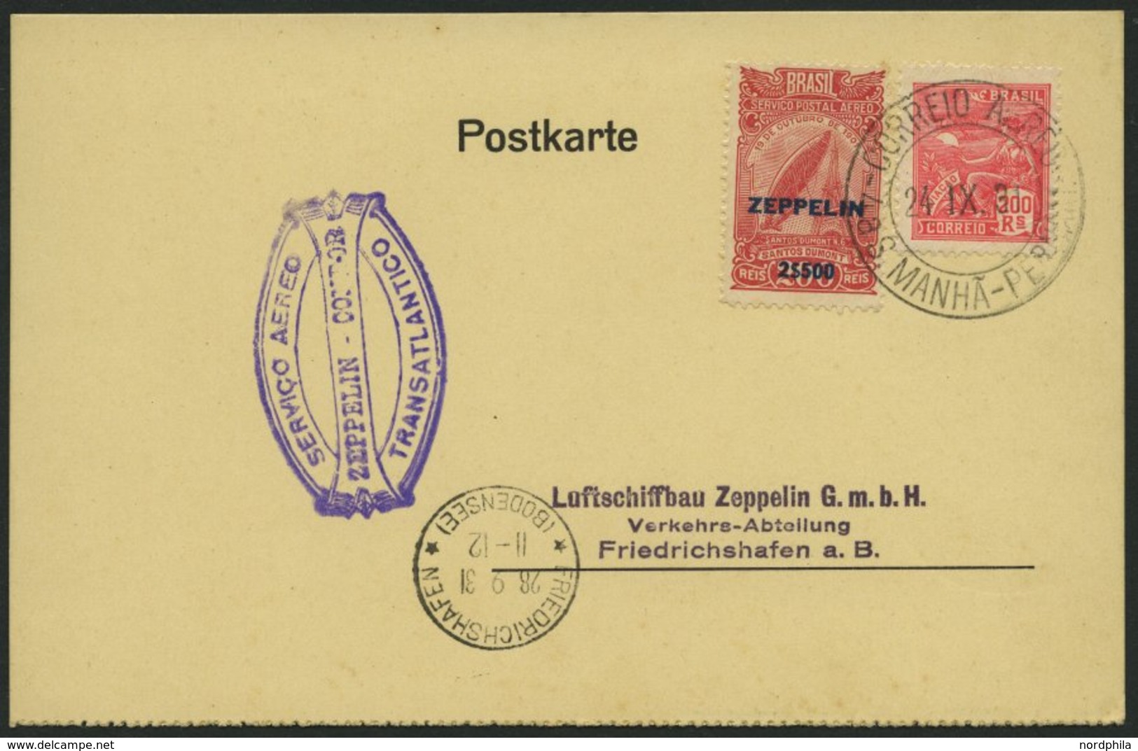 ZEPPELINPOST 130A BRIEF, 1931, 2. Südamerikafahrt, Brasil-Post, Violetter Bestätigungsstempel, Frankiert Mit 2500 Reis,  - Zeppelin