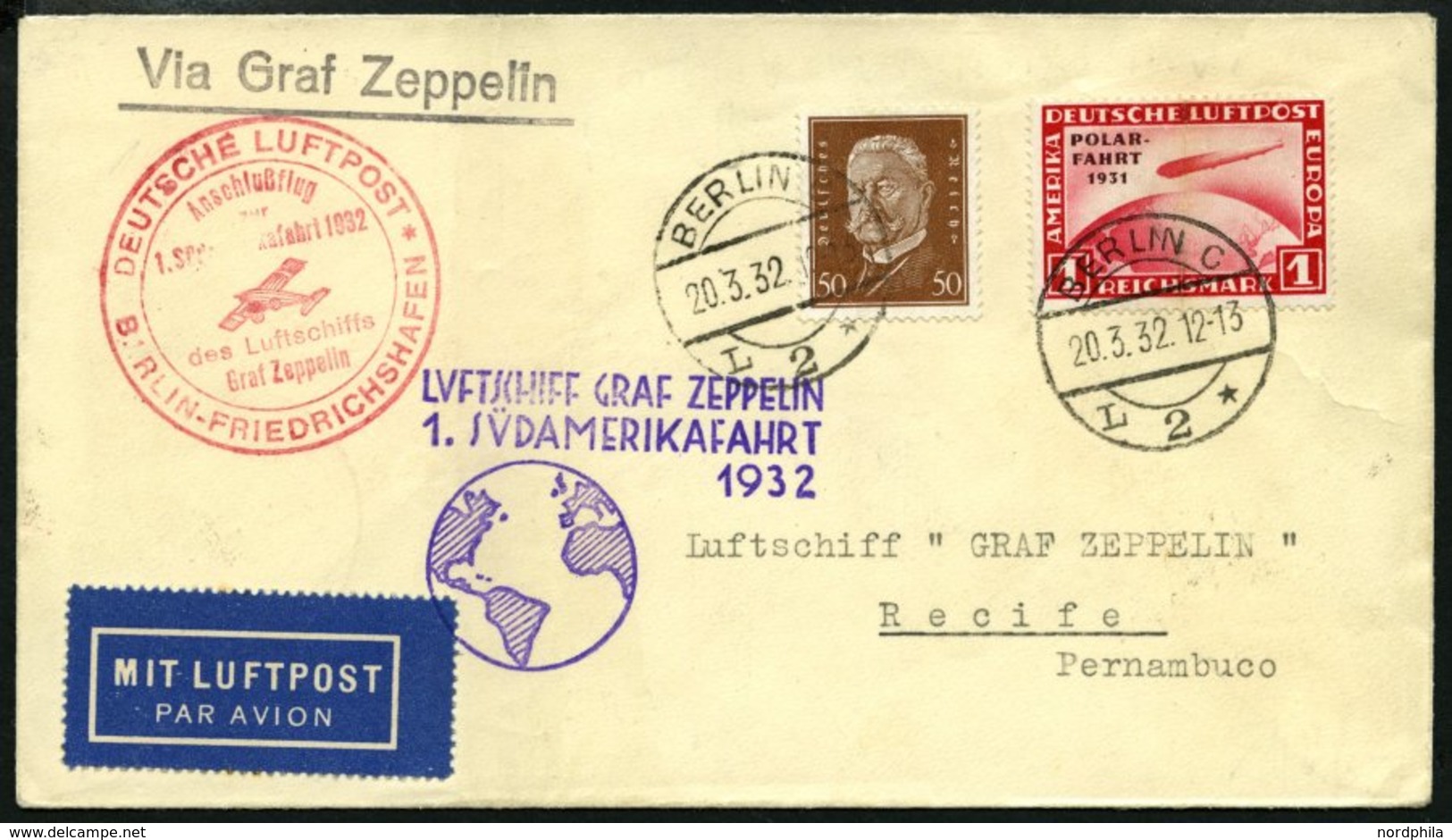 ZEPPELINPOST 138B BRIEF, 1932, 1. Südamerikafahrt, Anschlussflug Ab Berlin, Frankiert Mit 1 RM Polarfahrt, Prachtkarte - Zeppelines