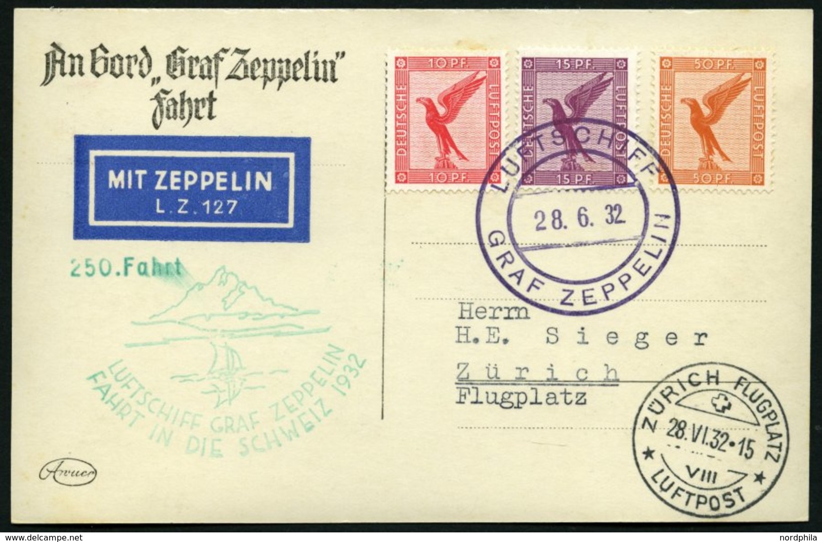 ZEPPELINPOST 166b BRIEF, 1932, Schweizfahrt, Abwurf Zürich, Bordpost, Prachtkarte - Zeppelines