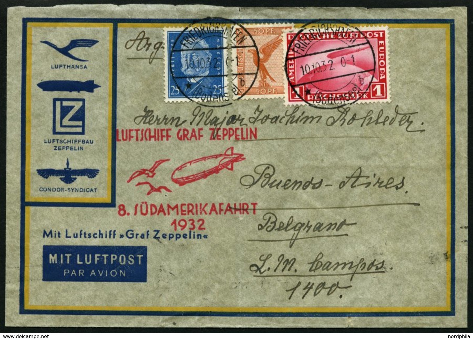 ZEPPELINPOST 189Aa BRIEF, 1932, 8. Südamerikafahrt, Auflieferung Fr`hafen, Brief Kleine Bedarfsmängel, Feinst - Zeppelines