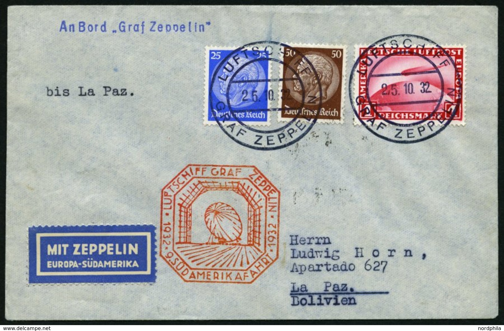 ZEPPELINPOST 195Ab BRIEF, 1932, 9. Südamerikafahrt, Bordpost Hinfahrt, Prachtbrief - Zeppelines