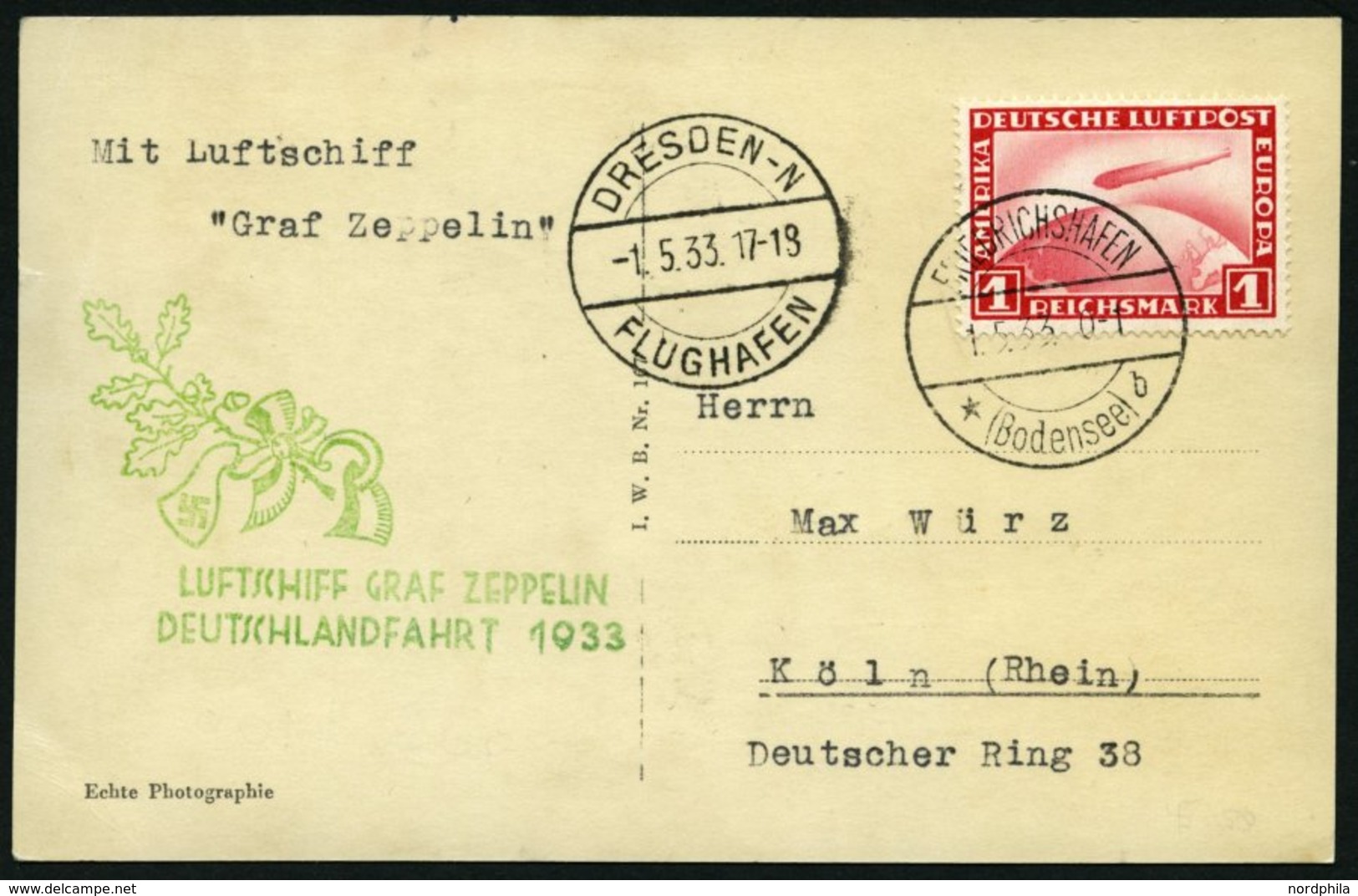 ZEPPELINPOST 201Aa BRIEF, 1933, Deutschlandfahrt, Auflieferung Fr`hafen, Abwurf Dresden, Prachtkarte - Zeppelines