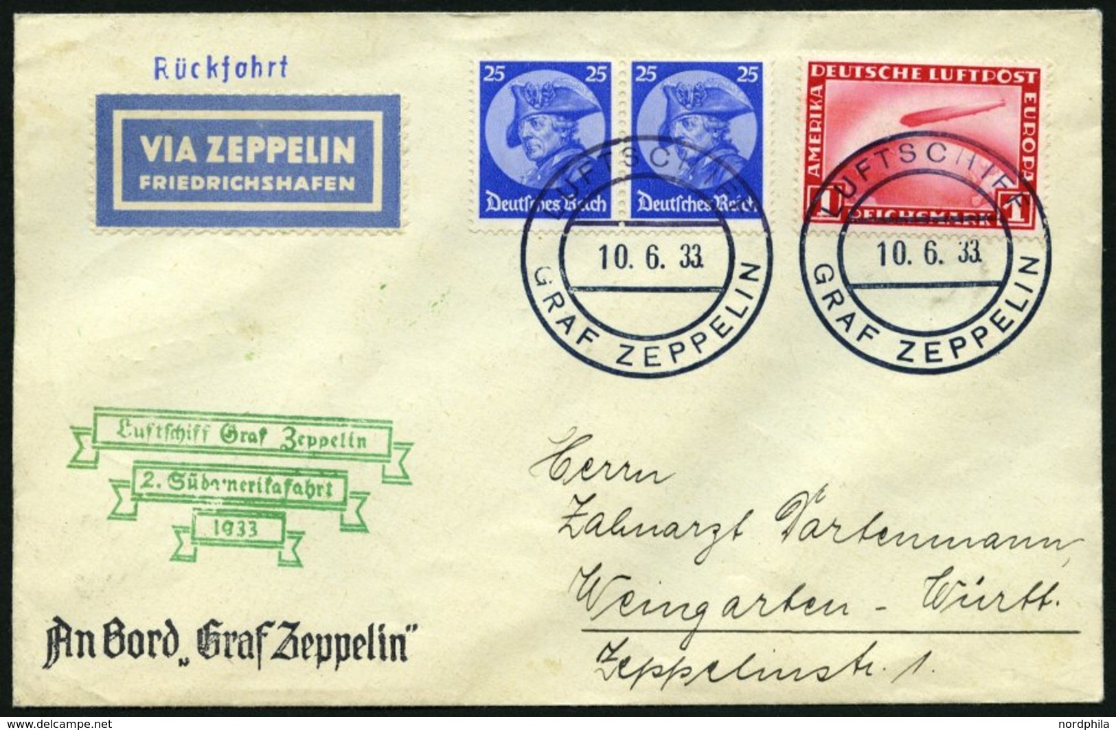 ZEPPELINPOST 214Ac BRIEF, 1933, 2. Südamerikafahrt, Bordpost Rückfahrt, Prachtbrief - Zeppelines