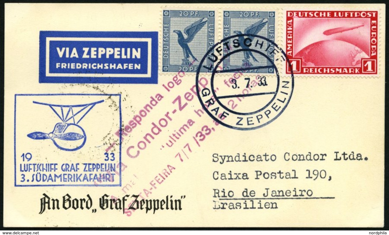 ZEPPELINPOST 219Ab BRIEF, 1933, 3. Südamerikafahrt, Bordpost Hinfahrt, Prachtkarte - Zeppelin