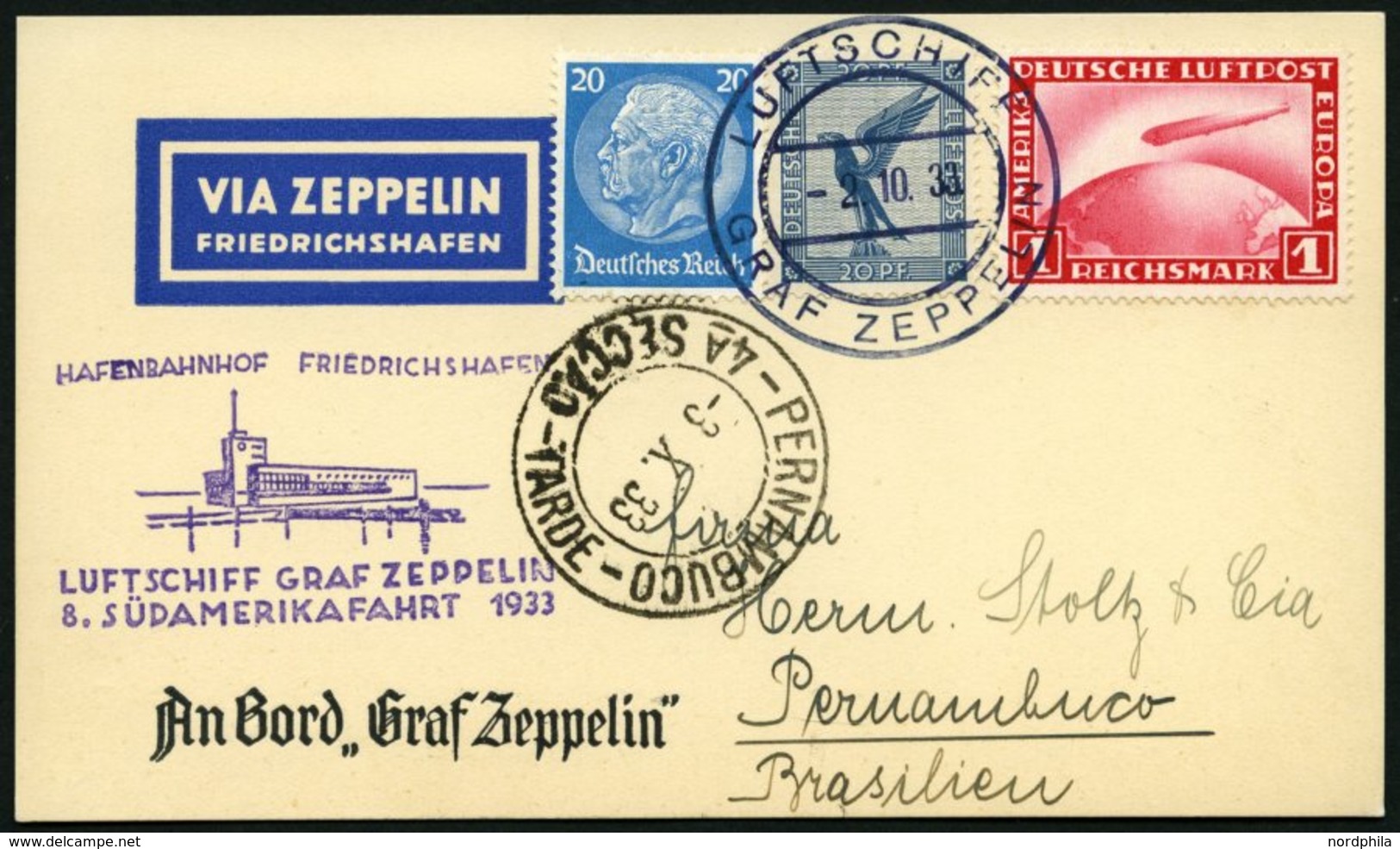 ZEPPELINPOST 235Ab BRIEF, 1933, 8. Südamerikafahrt, Bordpost Hinfahrt, Prachtkarte - Zeppelines