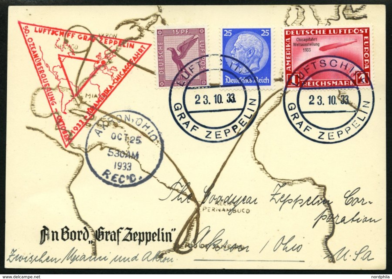 ZEPPELINPOST 238q BRIEF, 1933, Chicagofahrt, Bordpost, Miami-Akron, Prachtkarte - Zeppelin