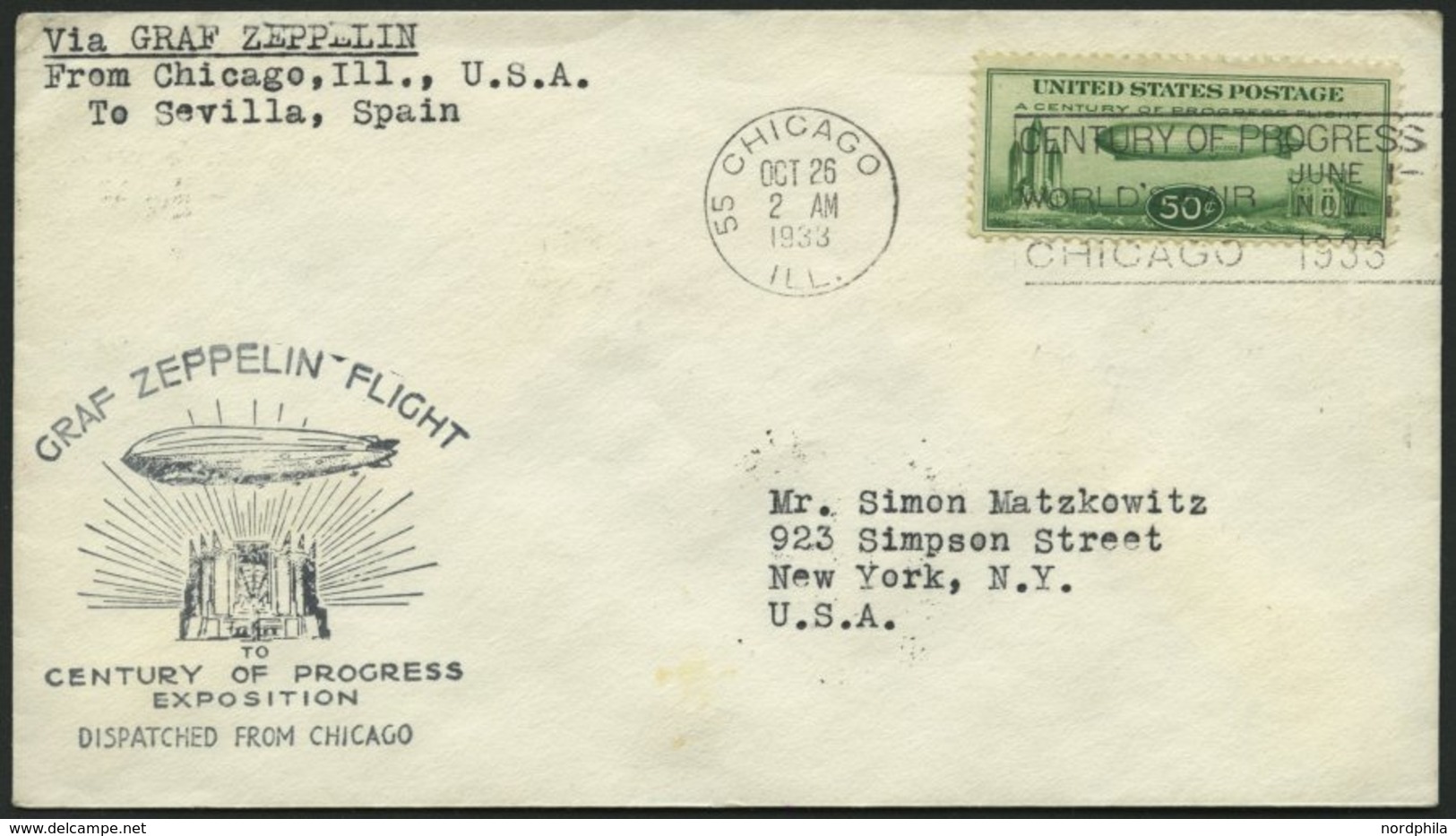 ZEPPELINPOST 244B BRIEF, 1933, Chicagofahrt, US-Post, Chicago-Sevilla, Prachtbrief - Zeppelines