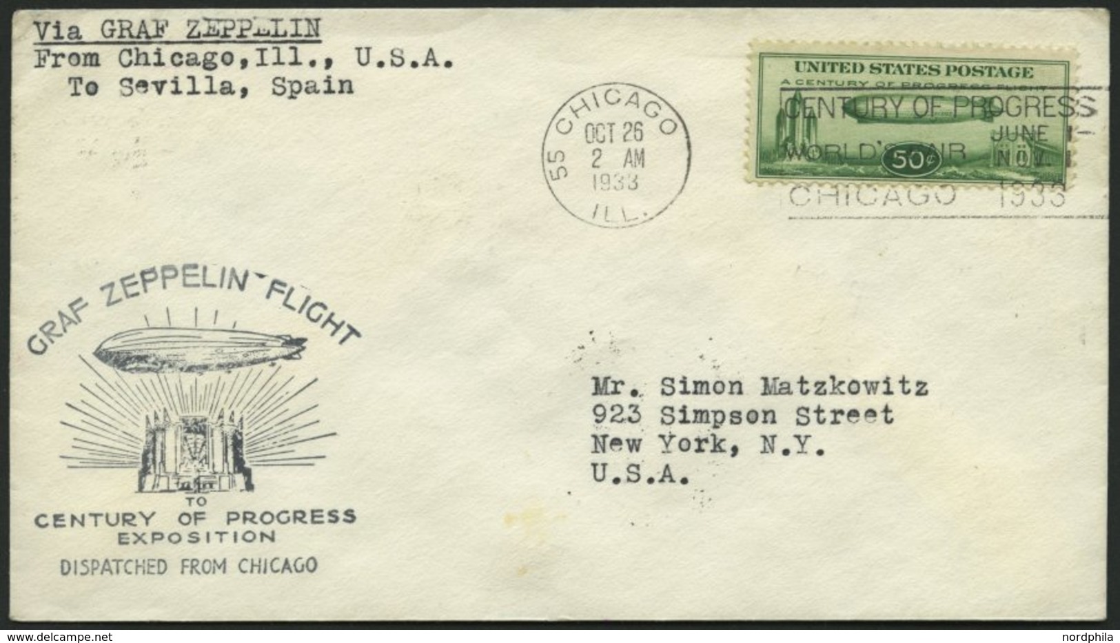 ZEPPELINPOST 244B BRIEF, 1933, Chicagofahrt, US-Post, Chicago-Sevilla, Prachtbrief - Zeppelin