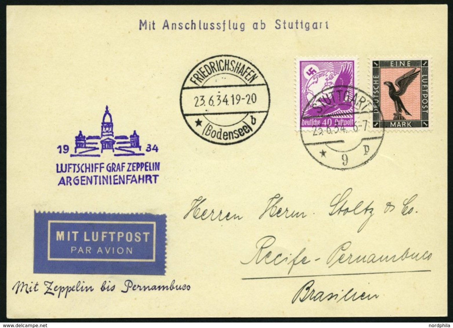 ZEPPELINPOST 254Ca BRIEF, 1934, 3. Südamerikafahrt, Anschlußflug Ab Stuttgart, Prachtkarte - Zeppelines