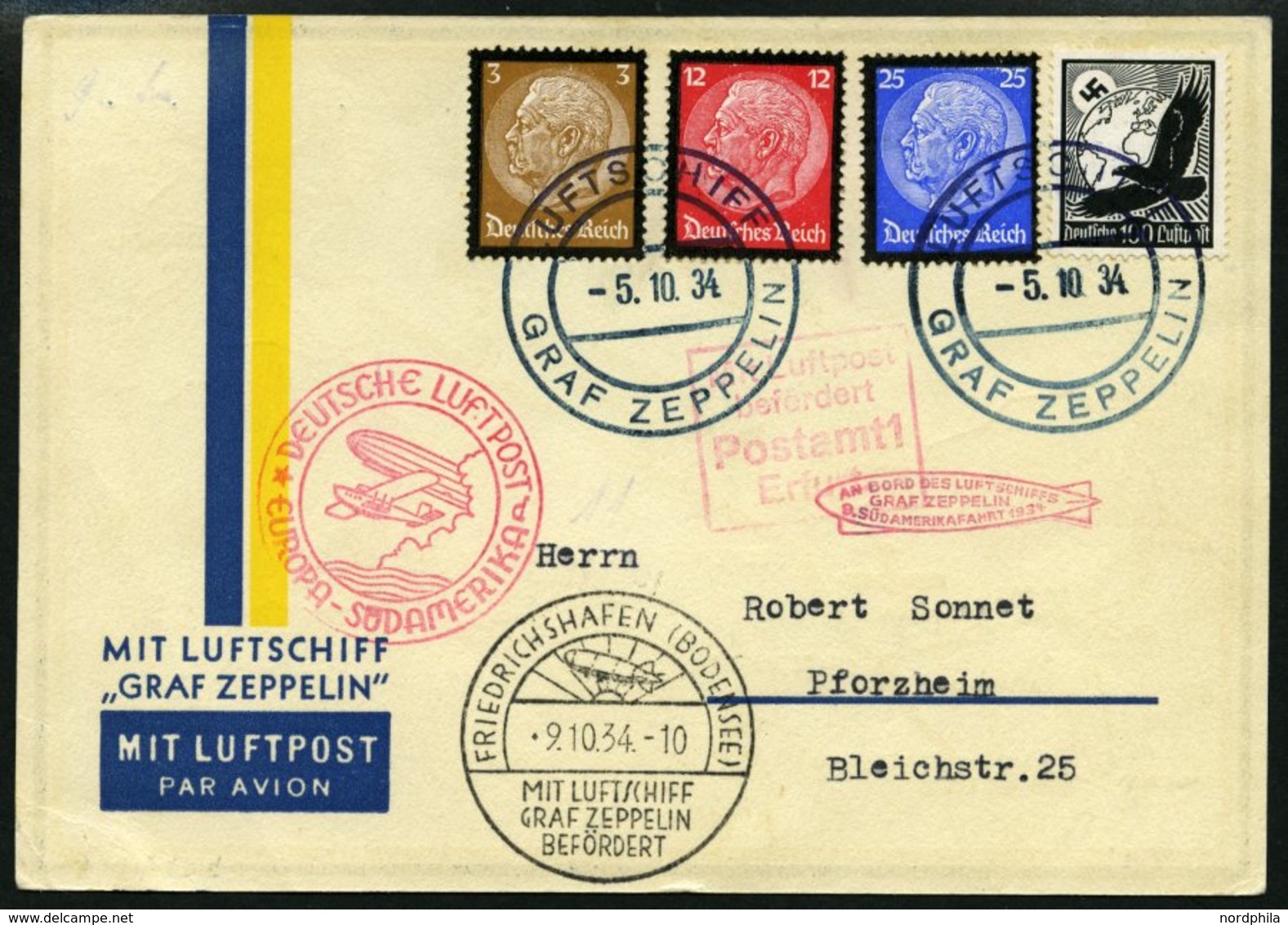 ZEPPELINPOST 277D BRIEF, 1934, 9. Südamerikafahrt, Bordpost Der Rückfahrt Und Bordstempel, Prachtkarte - Zeppelines