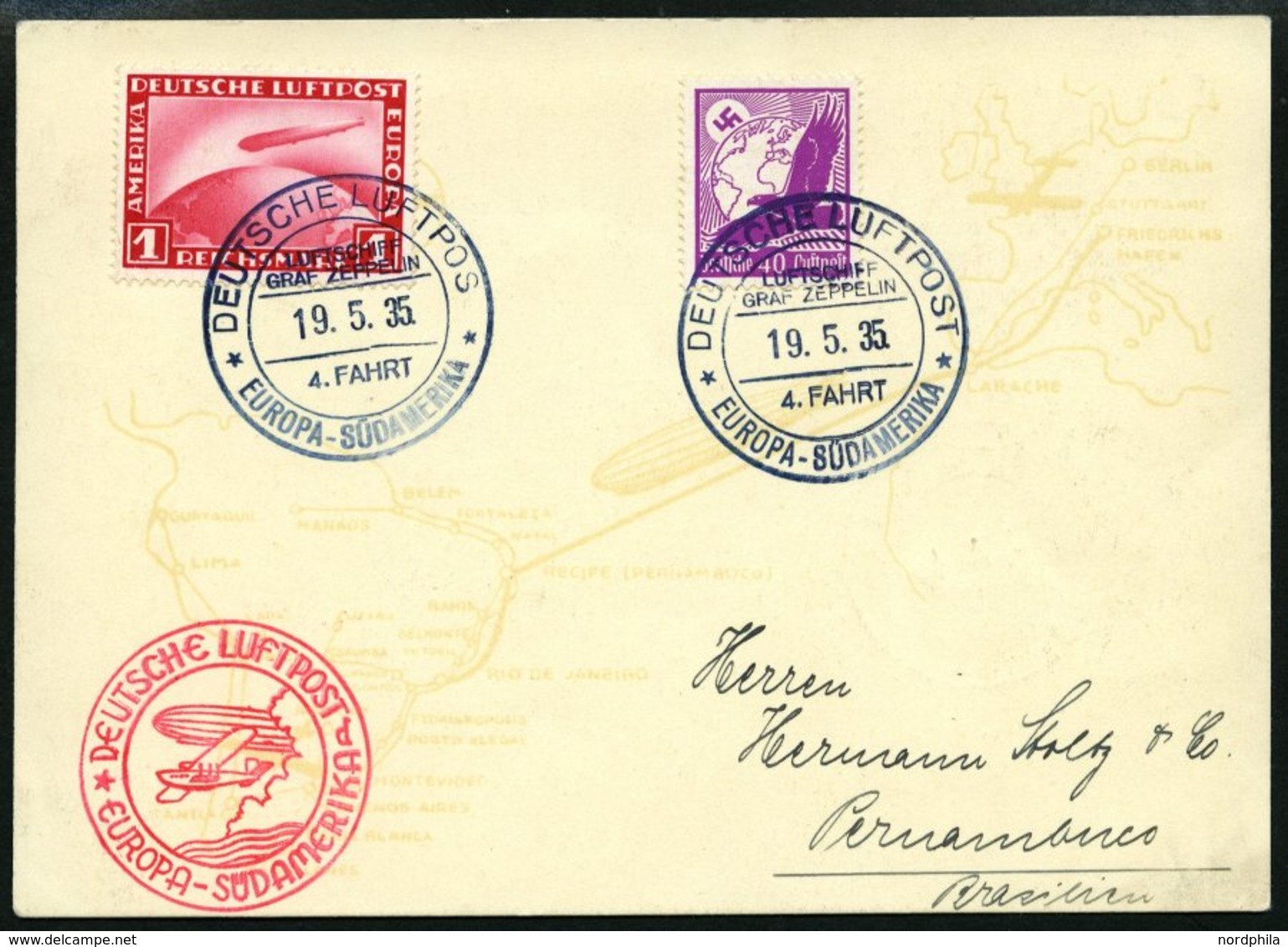 ZEPPELINPOST 299Ab BRIEF, 1935, 4. Südamerikafahrt, Bordpost Mit Stempel D, Prachtkarte - Zeppelins