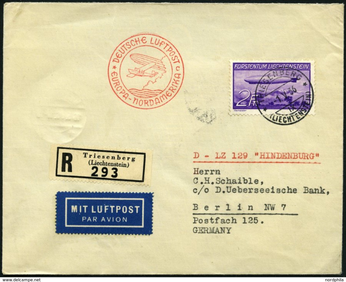 ZEPPELINPOST 408B BRIEF, 1936, 1. Nordamerikafahrt, Liechtenstein Post, Frankiert Mit Zeppelinmarke Zu 2 Fr., Einschreib - Zeppelins