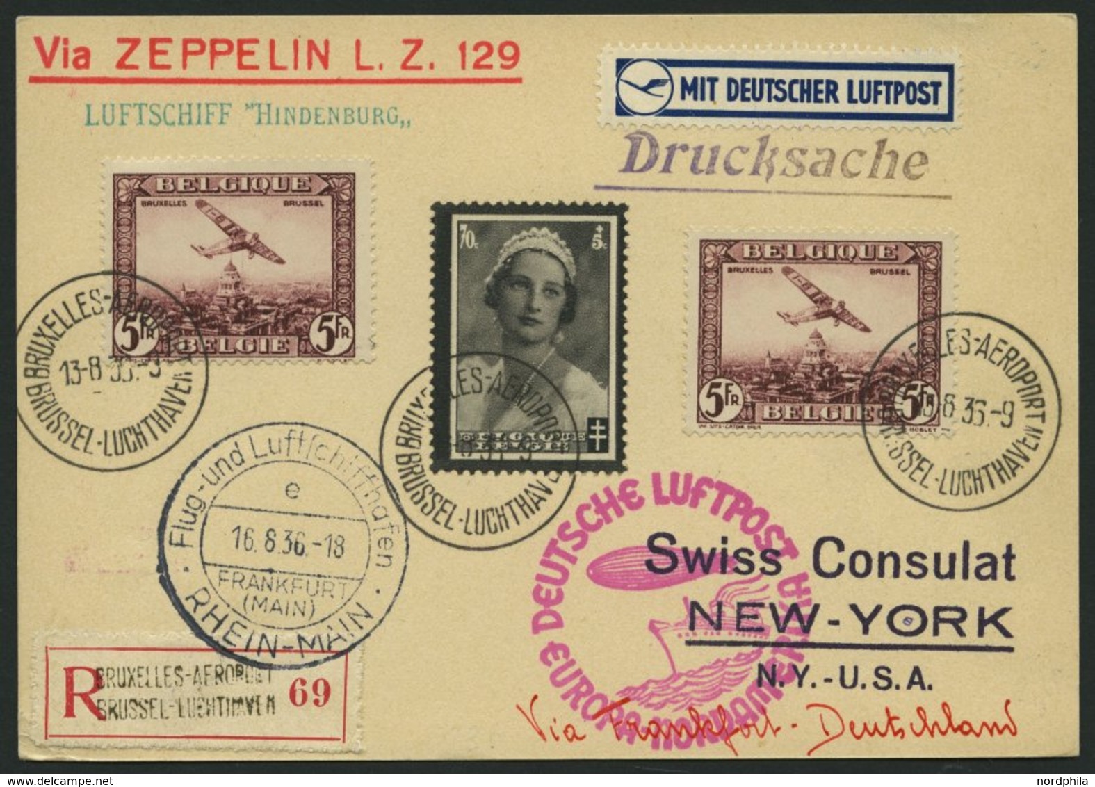 ZULEITUNGSPOST 430 BRIEF, Belgien: 1936, 7. Nordamerikafahrt, Einschreib-Drucksache, Prachtkarte - Zeppelins