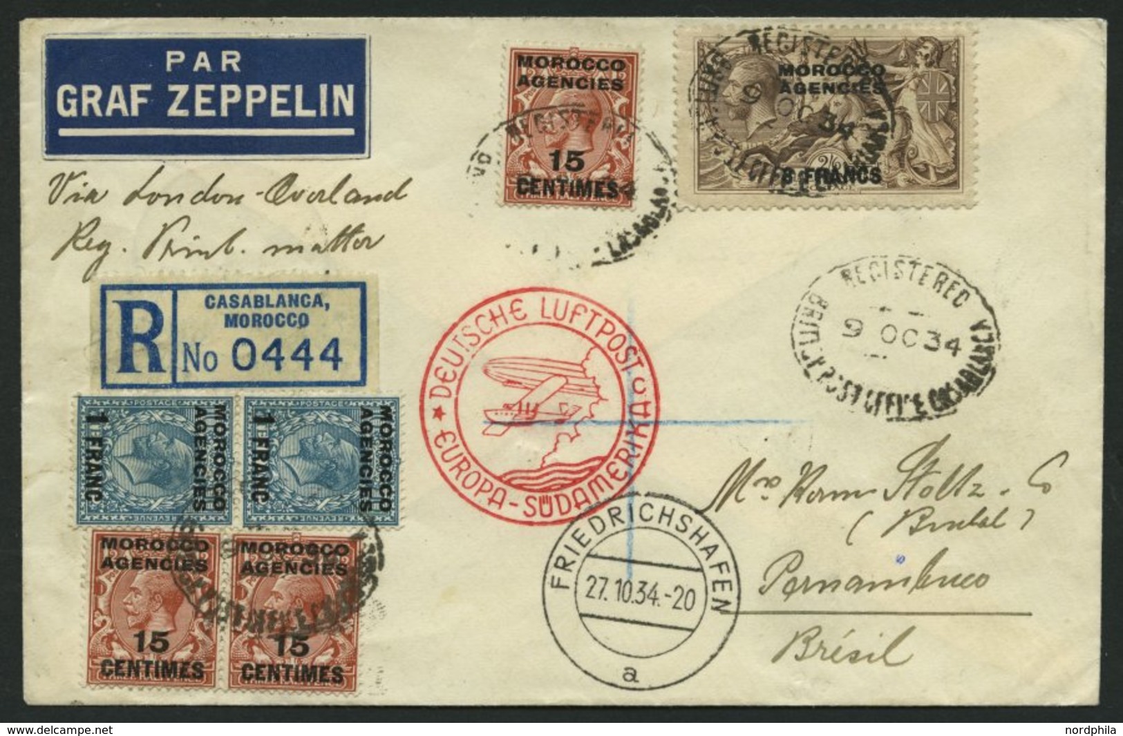 ZULEITUNGSPOST 283 BRIEF, Britische Post In Marokko (Französische Zone): 1934, 11. Südamerikafahrt, Einschreib-Drucksach - Zeppelin