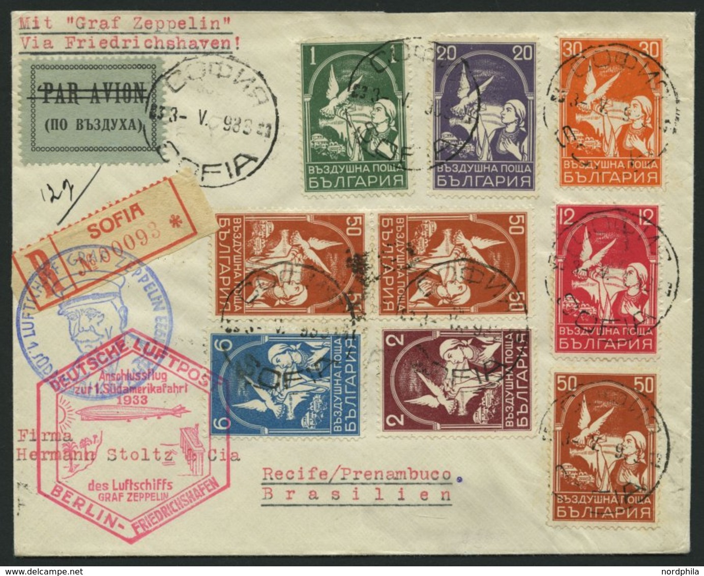 ZULEITUNGSPOST 202B BRIEF, Bulgarien: 1933, 1. Südamerikafahrt, Anschlußflug Ab Berlin, Prachtbrief, R! - Zeppelins