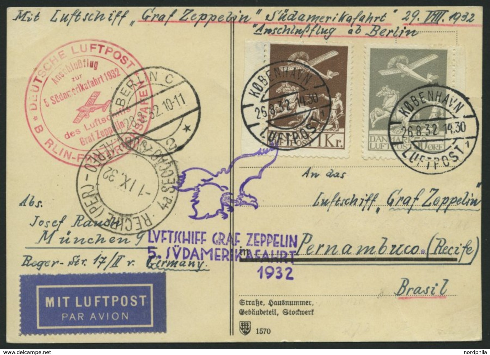 ZULEITUNGSPOST 171B BRIEF, Dänemark: 1932, 5. Südamerikafahrt, Anschlußflug Ab Berlin, Gute Frankatur, Prachtkarte - Zeppelin