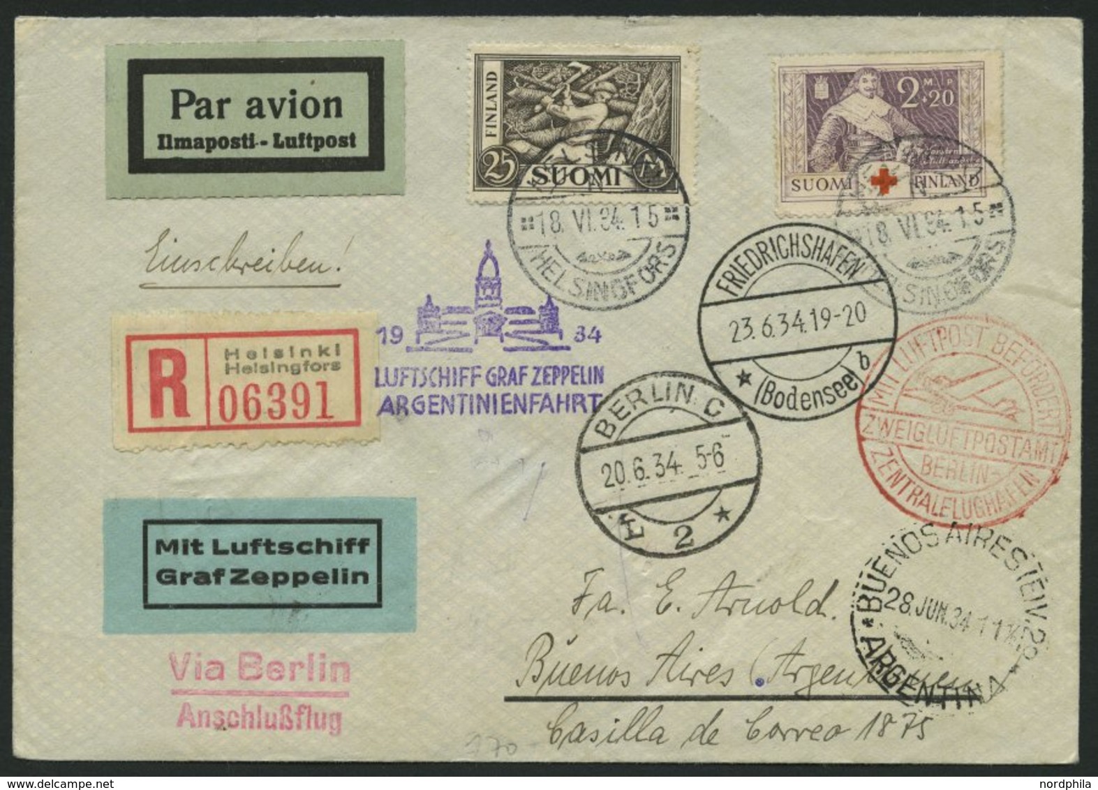 ZULEITUNGSPOST 254C BRIEF, Finnland: 1934, 3. Südamerikafahrt, Anschlußflug Ab Berlin, Einschreibbrief, Pracht - Zeppelin