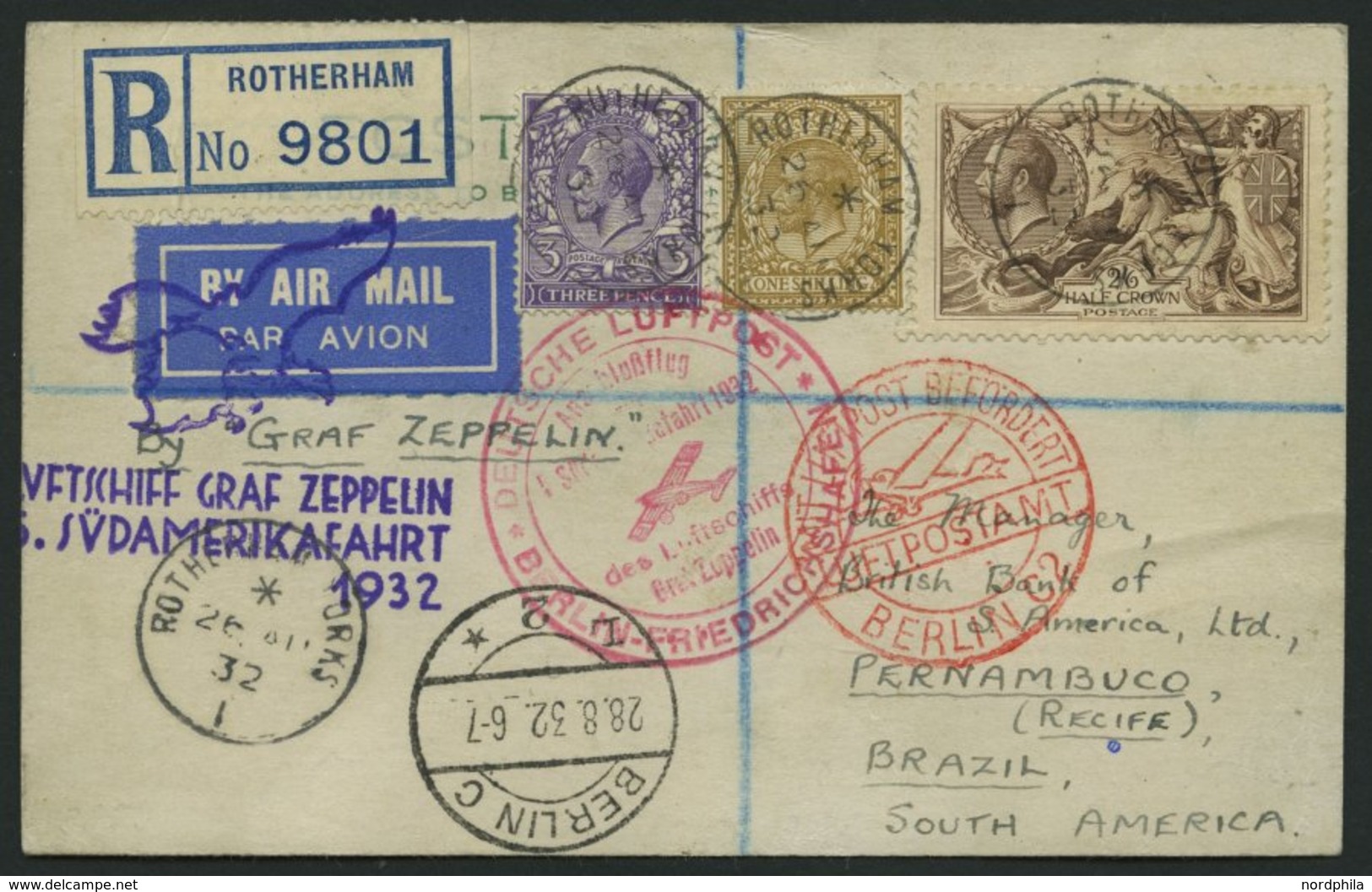 ZULEITUNGSPOST 171B BRIEF, Großbritannien: 1932, 5. Südamerikafahrt, Anschlussflug Ab Berlin, Einschreibkarte, Pracht - Zeppelin