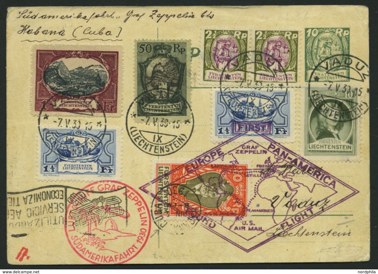 ZULEITUNGSPOST 57FF BRIEF, Liechtenstein: 1930, Südamerikafahrt, Bis Havanna/Cuba, Gute Frankatur, Leichte Beförderungss - Zeppelin