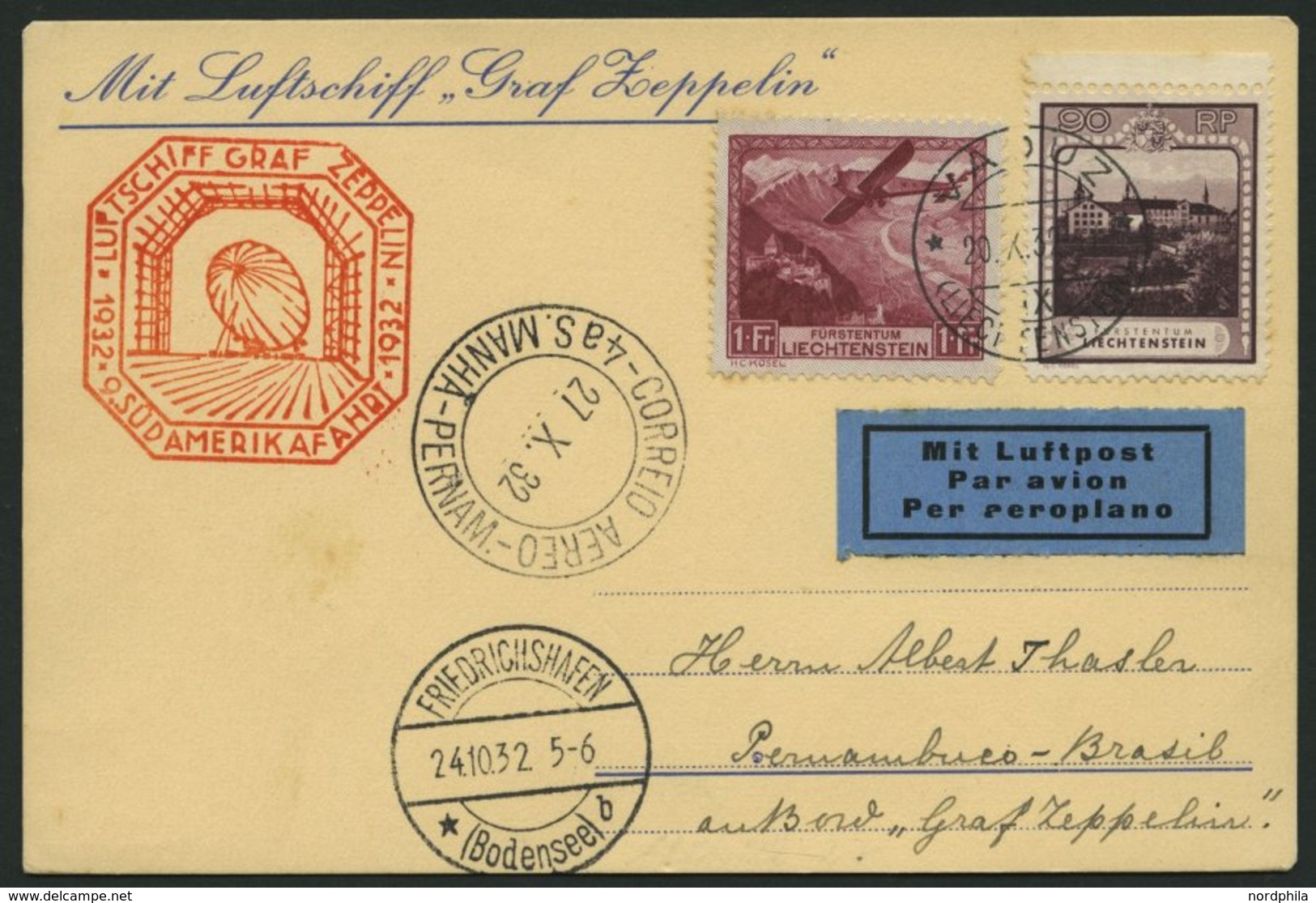 ZULEITUNGSPOST 195 BRIEF, Liechtenstein, 1932, 9. Südamerikafahrt, Prachtkarte Mit Guter Frankatur - Zeppelin