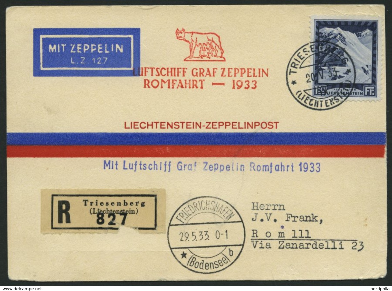 ZULEITUNGSPOST 207 BRIEF, Liechtenstein: 1933, Italienfahrt, Abgabe Rom, Prachtkarte - Zeppelins