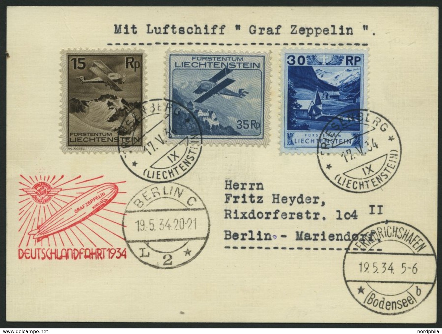 ZULEITUNGSPOST 246Aa BRIEF, Liechtenstein: 1934, Deutschlandfahrt, Bis Berlin, Prachtkarte - Zeppelin